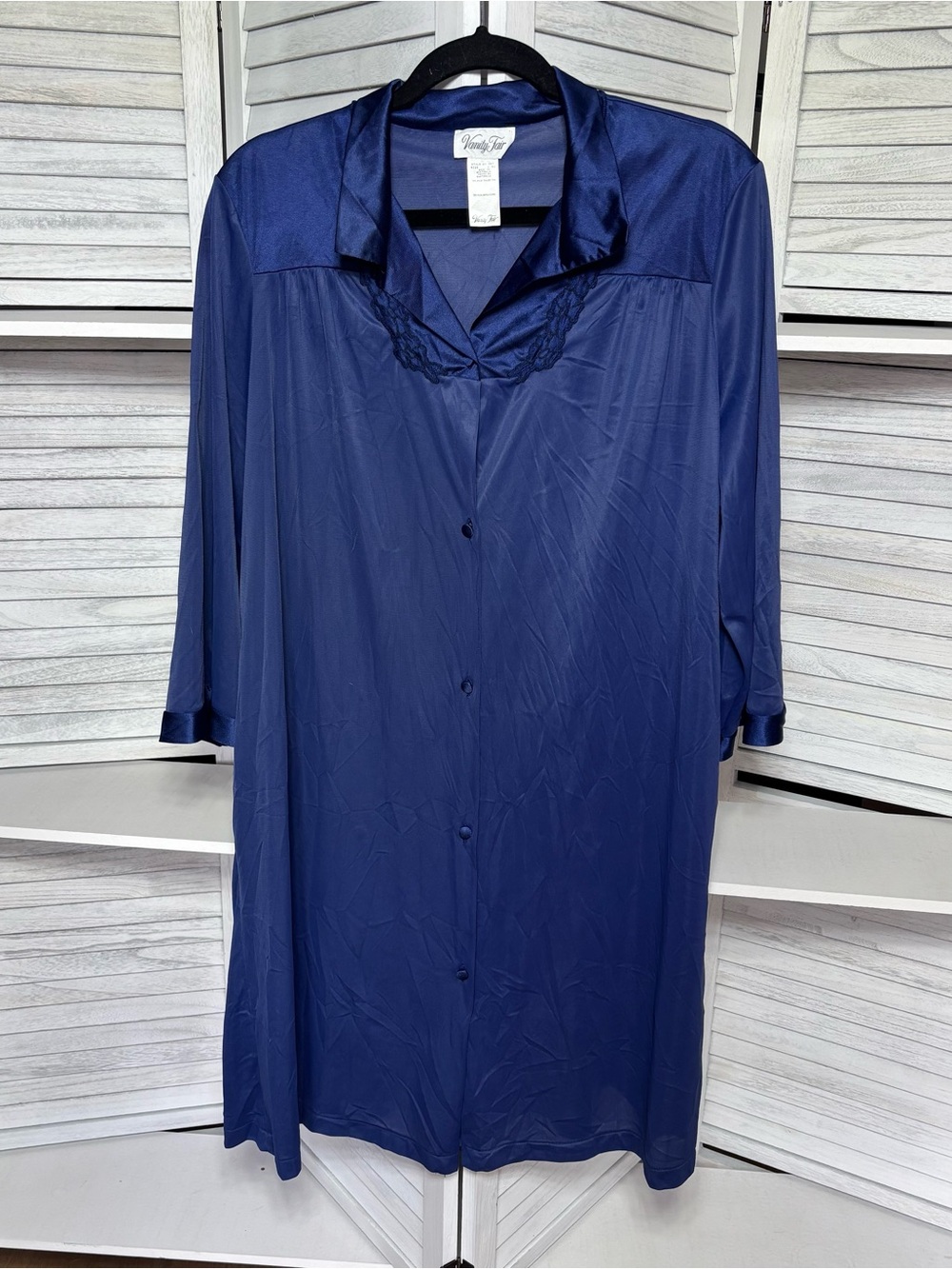 Vintage Vanity Fair Blue Nylon Nightgown Size L 42 Lace Trim Long Gown